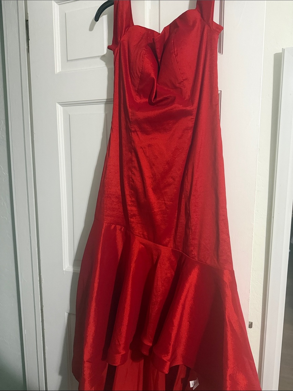 Camille La Vie Red Satin High-Low Evening Gown